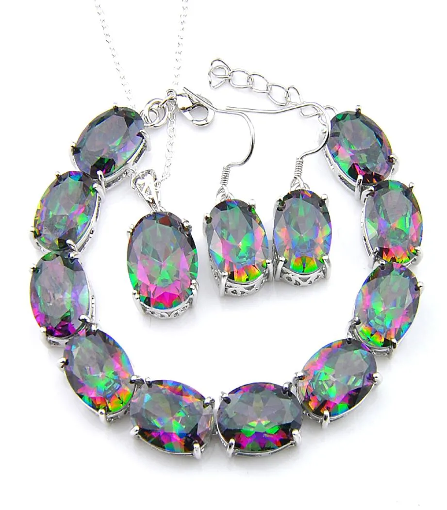 3PCSロットリングイヤリングブレスレットジュエリーSetsfashion Glary 925 Sterling Silver Oval Gemstone Jewelry Rainbow Mystic Topaz Jewelry7197237