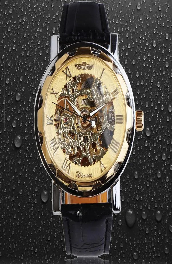 Classic Men039S Black Leather Gold Dial Skeleton Mechanical Sport Army Wrist Watch Vinnare Mens Skeleton Arm Wikatch Gold Case BA4346952