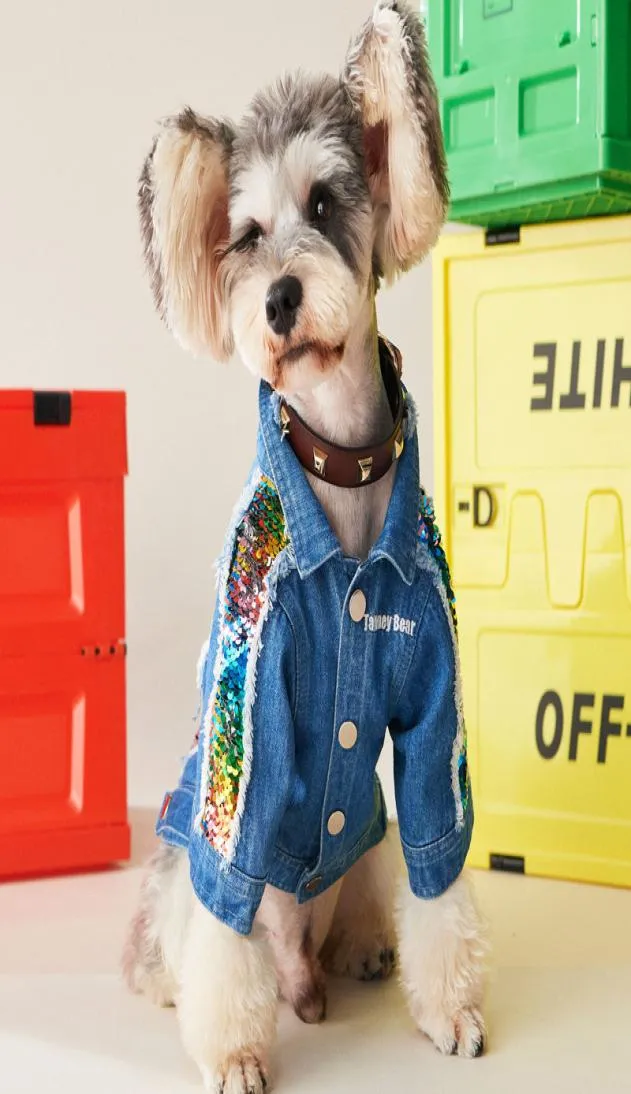 Denim Pets Jacket Shirt Clothes Sequins Design Dog Coat Sweatshirt Apparel Schnauzer Corgi Teddy Puppy Costume4137289