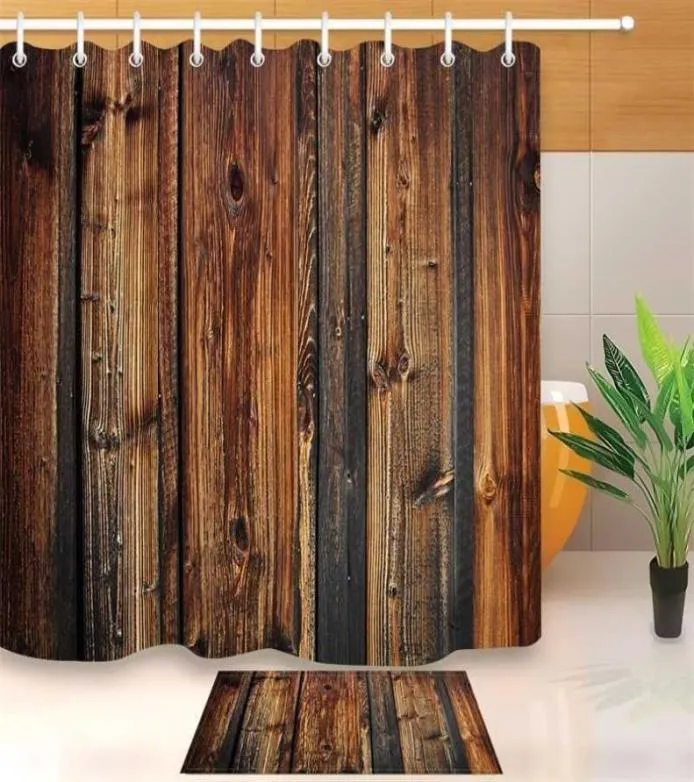 Panneau en bois rustique Brown Plank Shower Shower Curtain and Bath Mat Set Araproporh Polyester Rains de salle de bain pour baignoire DÉCOR 2112236504972