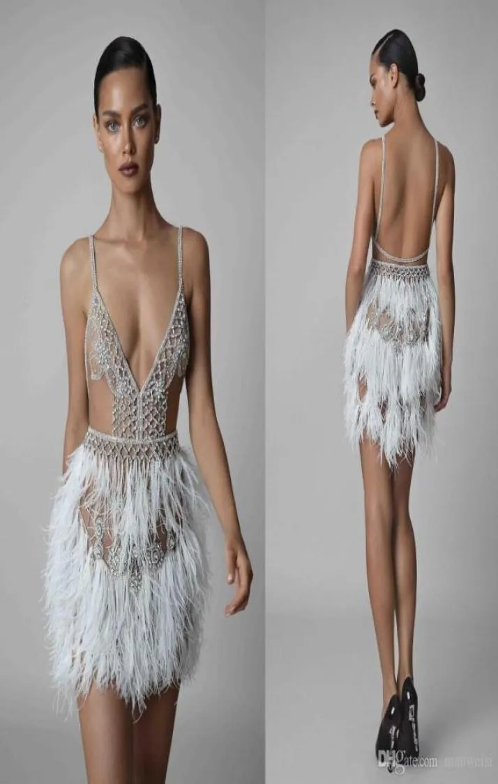 2021 Berta Feather Cocktail Dresses Sexy Short Spaghetti V Neck Backless Beaded Prom Gowns Illusion Homecoming Dresses5703577