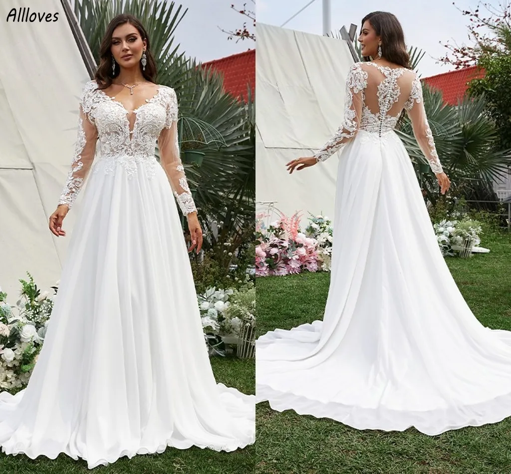 Plus Size Boho Chiffon A Line Weding Dresses With Long Sleeves V Neck Lace Appliqued Elegant Bridal Gowns Modern Back Buttons Long Train Bride Robes de Mariee CL3839