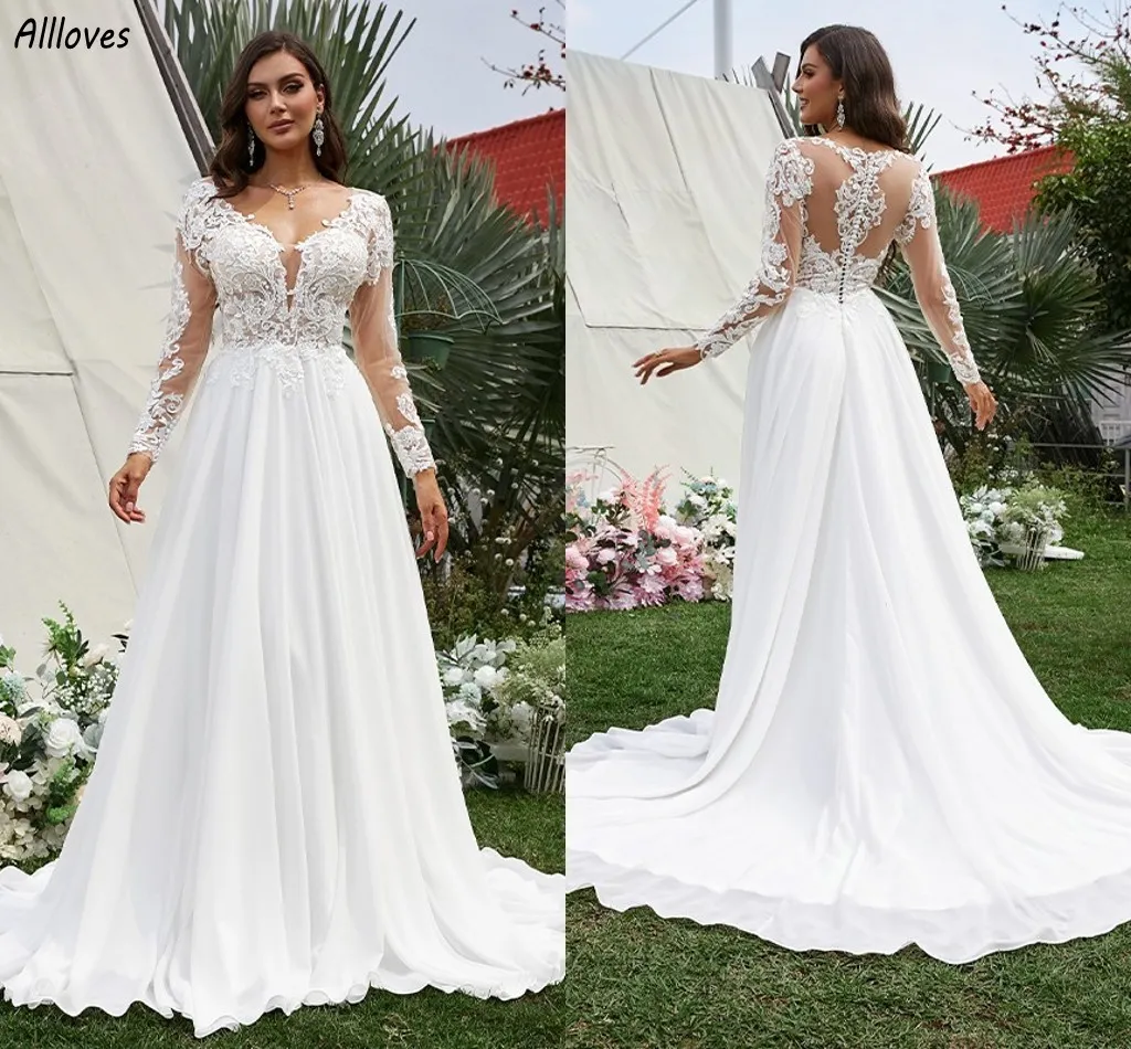 Plus -storlek Boho Chiffon En linje som är gifta klänningar med långa ärmar V -halsspets Appliced ​​Elegant Bridal Clows Moderna bakknappar Långt tåg Bride Robes de Mariee CL3839