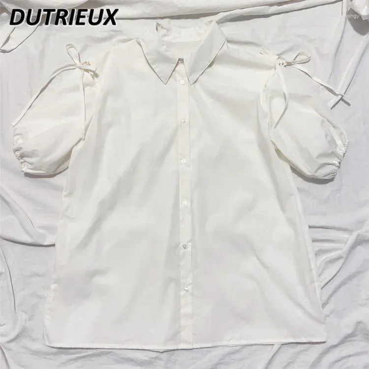 Women's Blouses Summer Cute Girls All-matching Base Top Drawstring Bowknot Short Sleeve Blouse Sweet Off-the-Shoulder Bottoming Shirt