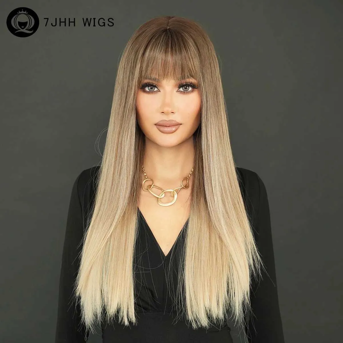 الباروكات الاصطناعية 7JHH WIG Womens Long Brown Umbrey الأشقر الاستخدام اليومي لقطع مسطح عالي الكثافة Q240427