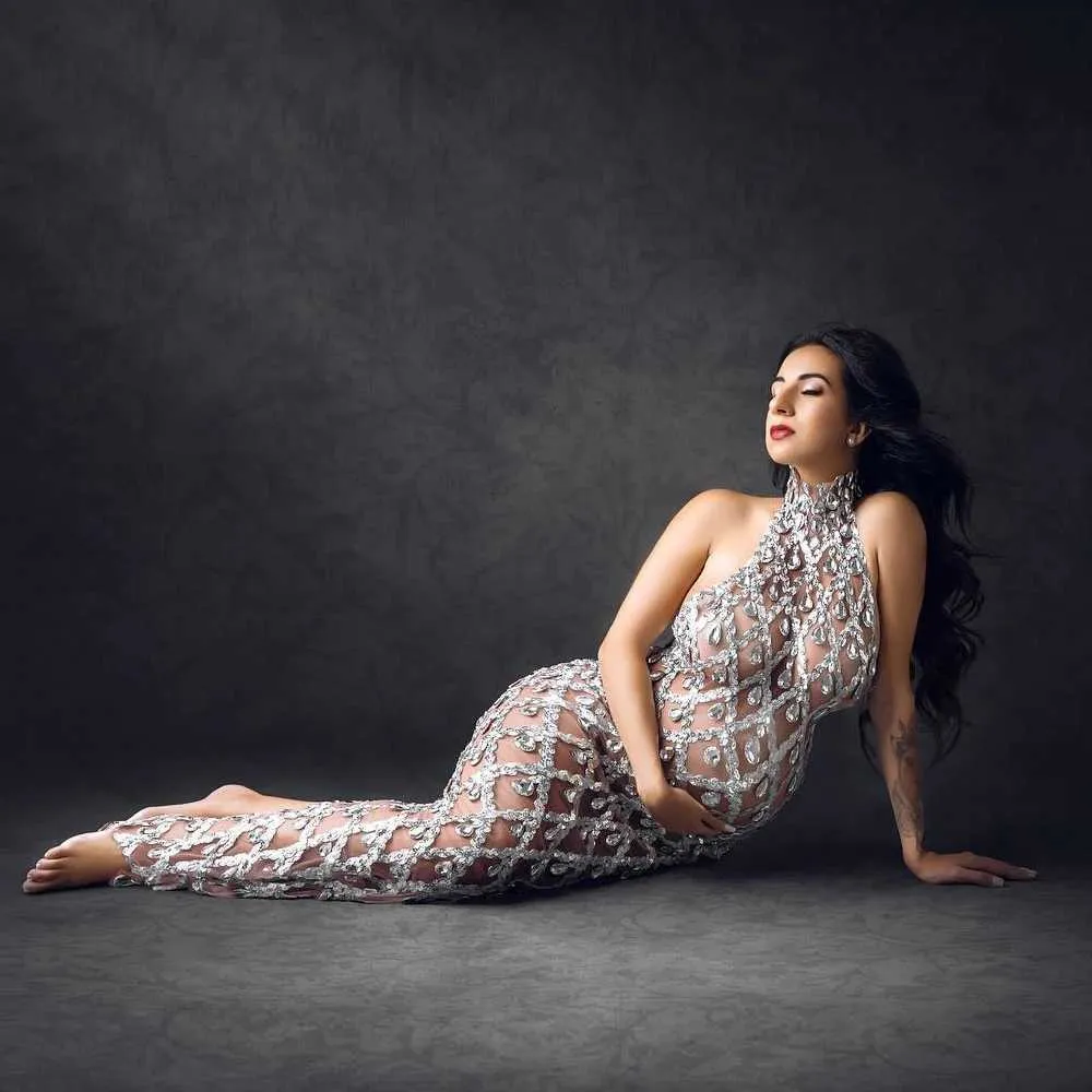 Maternity Dresses Sparkling Luxury Crystal Pregnant Women Photography Set Sleeveless Skirt Q240427