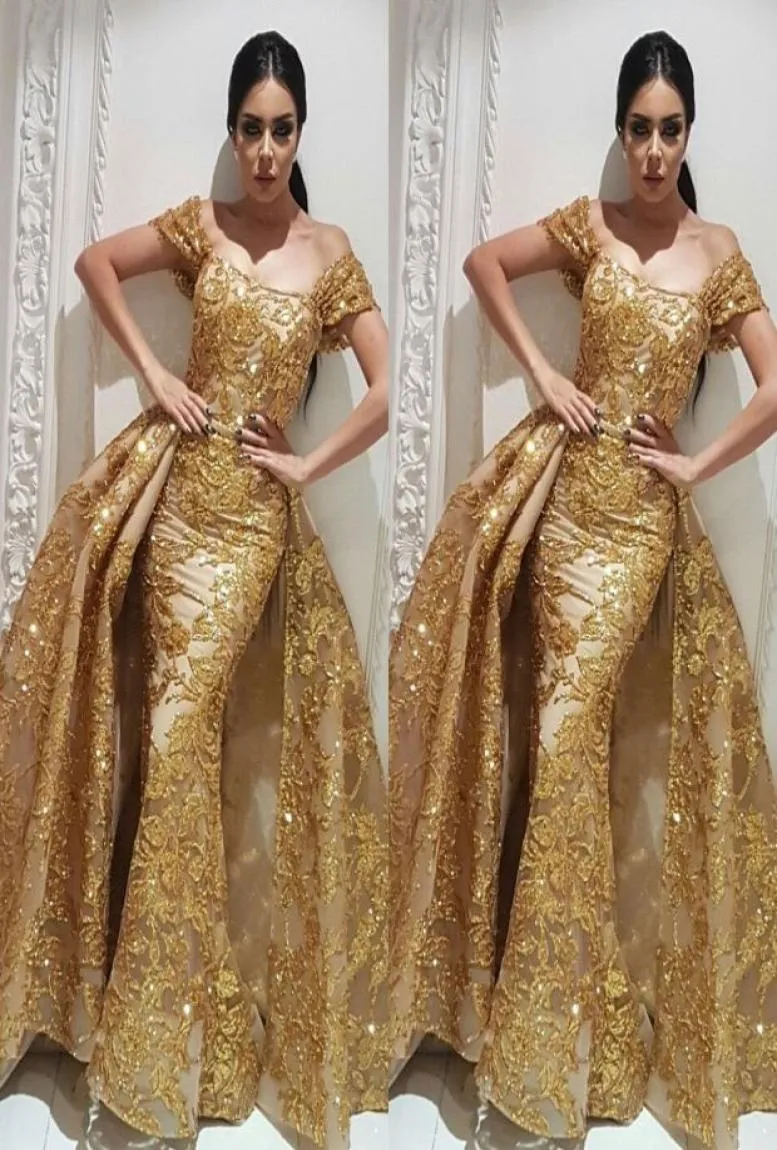 Gold Prom Dresses Yousef Aljasmi Dubai Arabic Evening Dress Labourjoisie Gowns Overskirt Löstagbart tåg Champagne Mermaid Party 8359768