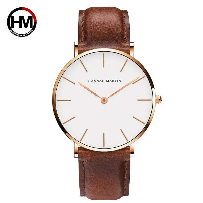 Armbandsur Hannah Martin Högkvalitativ rosguldskiva för Mens Leather Waterproof Armband Womens Fashionable Japanese Quartz Metal Satin Surface Q240426