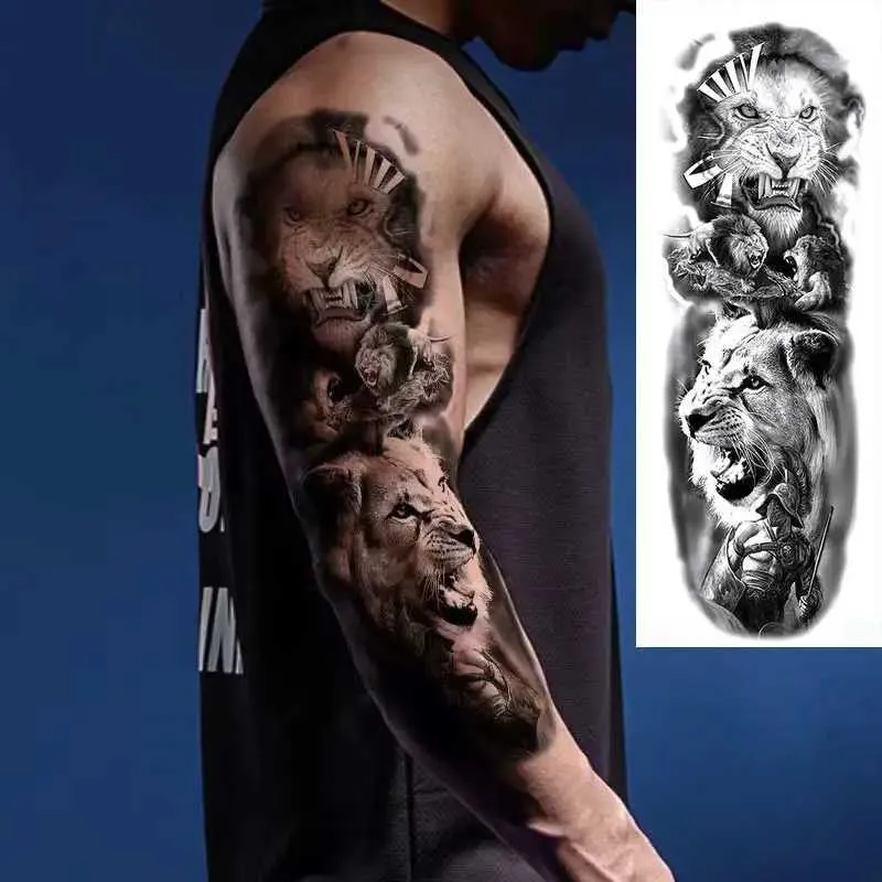 U47A Tattoo Transfer Big Size Mens Temporary Tattoos Large Arm Sleeve Tattoo Sticker Body Art Lion Fake Tattoo for Women Tatoo Waterproof 240427