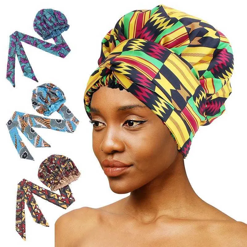 Bandanas Durag African Satined Satin Hat For Damska Nocna kapelusz Sleep Hat Długość wstążki Podwójna warstwy nakrycia głowy Dorosły Dorosłe do włosów Clip 240426