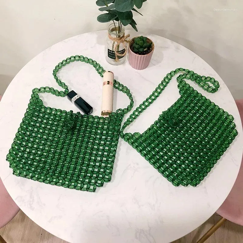 Evening Bags Transparent Agate Green Handwoven Crystal Beaded Bag Fashion Retro Women's Shoulder Casual Versatile Commuter Handbag