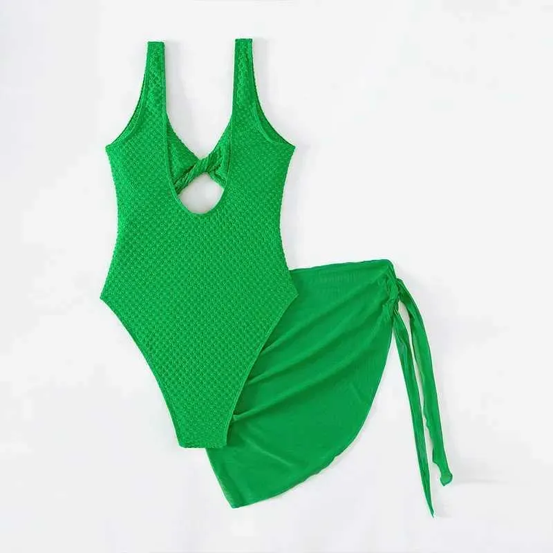 Swimwear Women 2024 Nouveau coupé twist front un morceau de maillot de bain femme nœud de plage latéral jupe de couleurs solides de maillot de bain d'été maillot de bain offrir un cadeau