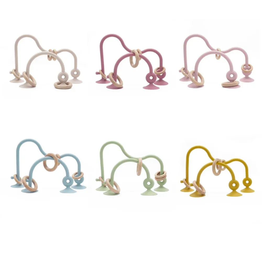 Dişler 1pcs silikon teether kemirgen sakız bebek oyuncakları yenidoğanlar renkli silikon çiğneme teether oyuncak ahşap halka bebek aksesuarları