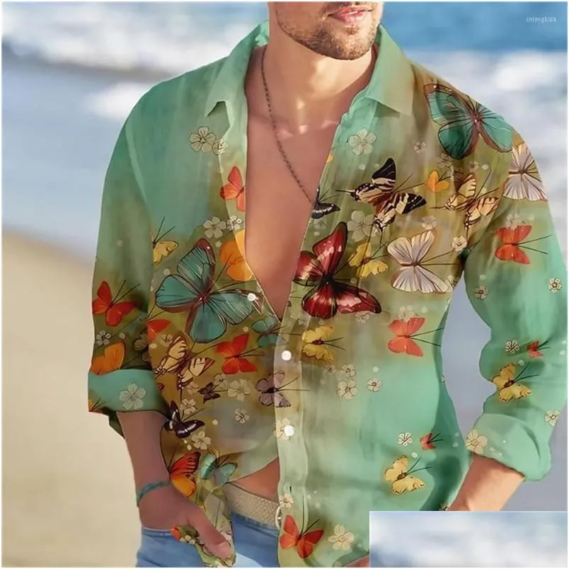 Chemises habillées pour hommes pour hommes Impression florale 3D Shirt Summer Man Manche longue Man Butterfly Prints graphiques décontractés Bouton Short Drop Del Otpt3