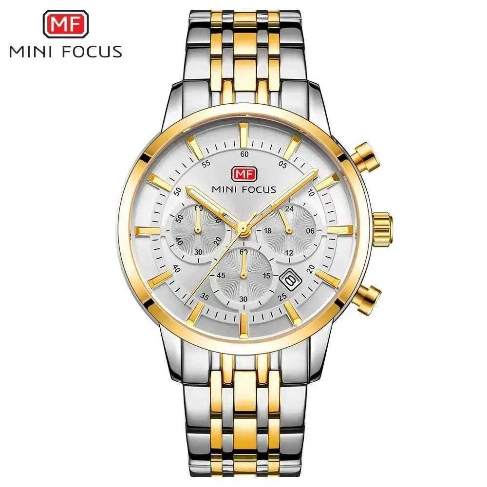 Начатые часы Mini Focus Mens Business Chronograph Quartz Nearlable Steal Watch Водонепроницаемые Reloio Masculino 0282G Q240426
