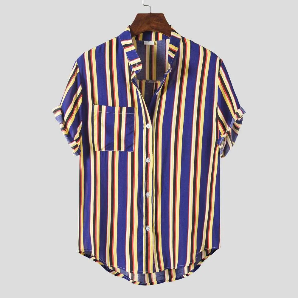 Men's Fashionable Contrasting Striped Thin Short Sleeved Casual Versatile Lapel Shirt