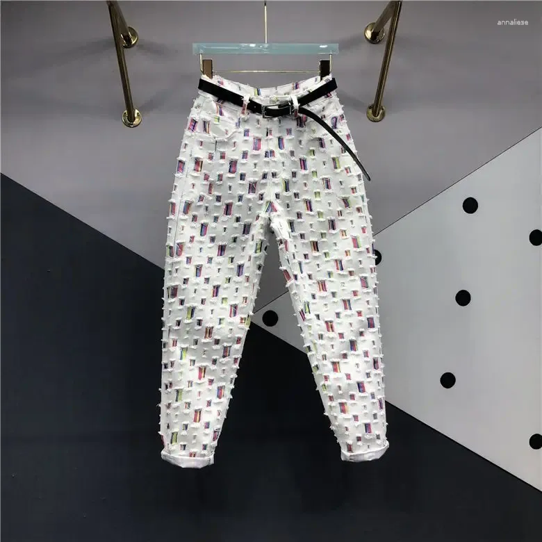 Women's Jeans Net Red Colorful Patcch Hole For Women Spring Summer All-match High Waist Harem Pants Casual White Denim Trousers