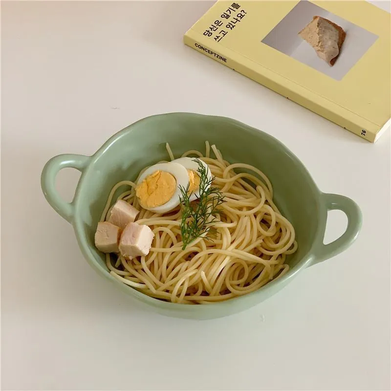 Nordisk stil Double-Ear Bowl Noodle Bowl Soup Bowl Microwave Air Fryer Baking Bowl Sallad Bowl Creative Hushåll Keramiska bordsartiklar