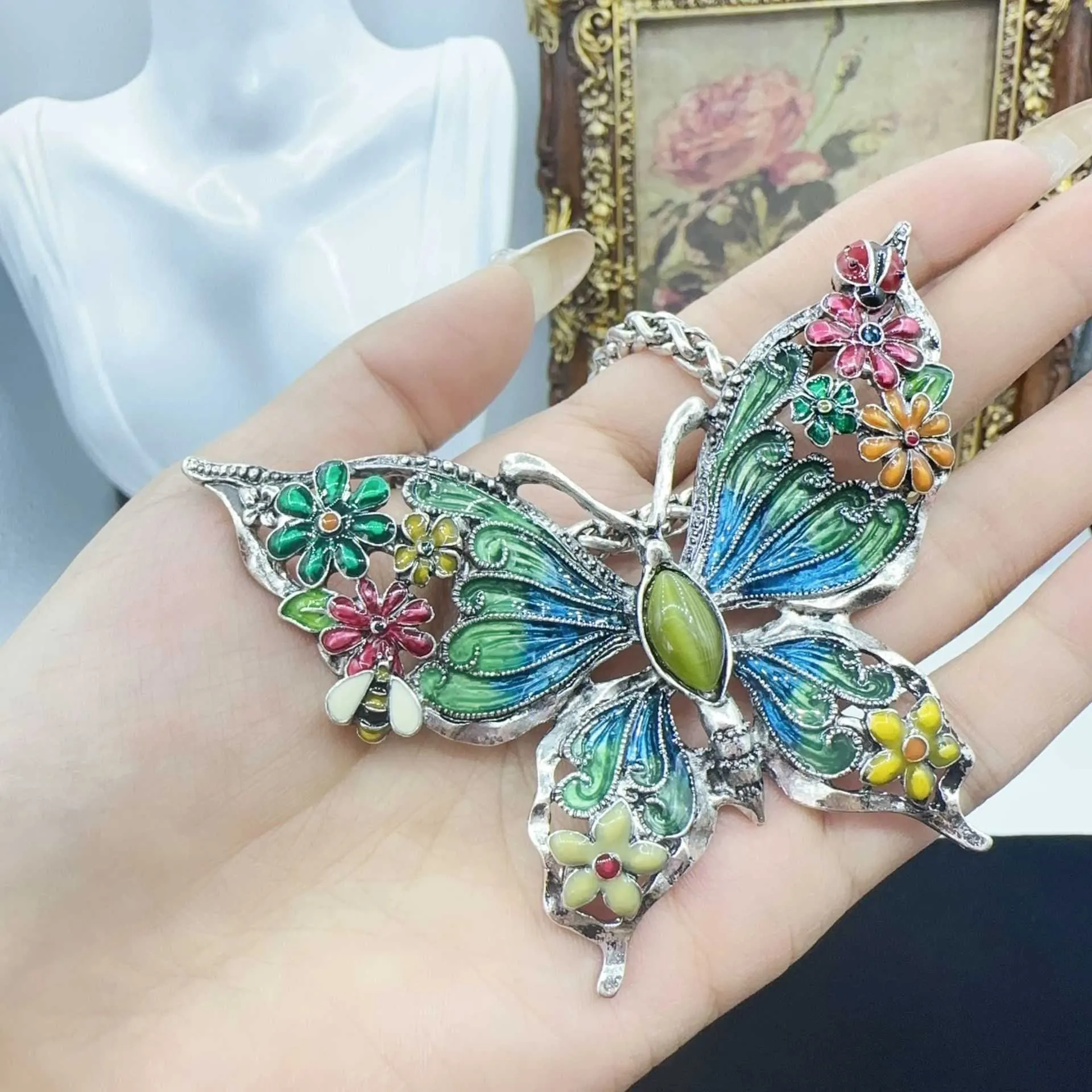 Antique Butterfly Necklace, Vintage Jewelry, Old Style Light