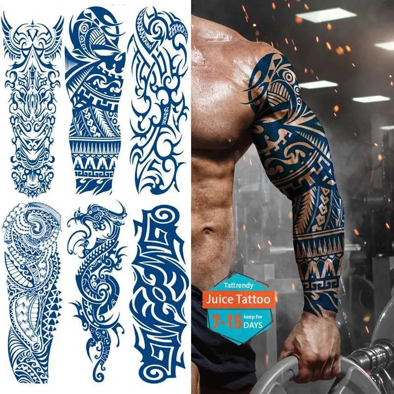 Tatuering överföring juice bläck 15 dagar varaktiga tatuering män full arm långsleeve temporay tatueringar hylsa totem tribal drake robot sexig kropp tatuen stor 240427