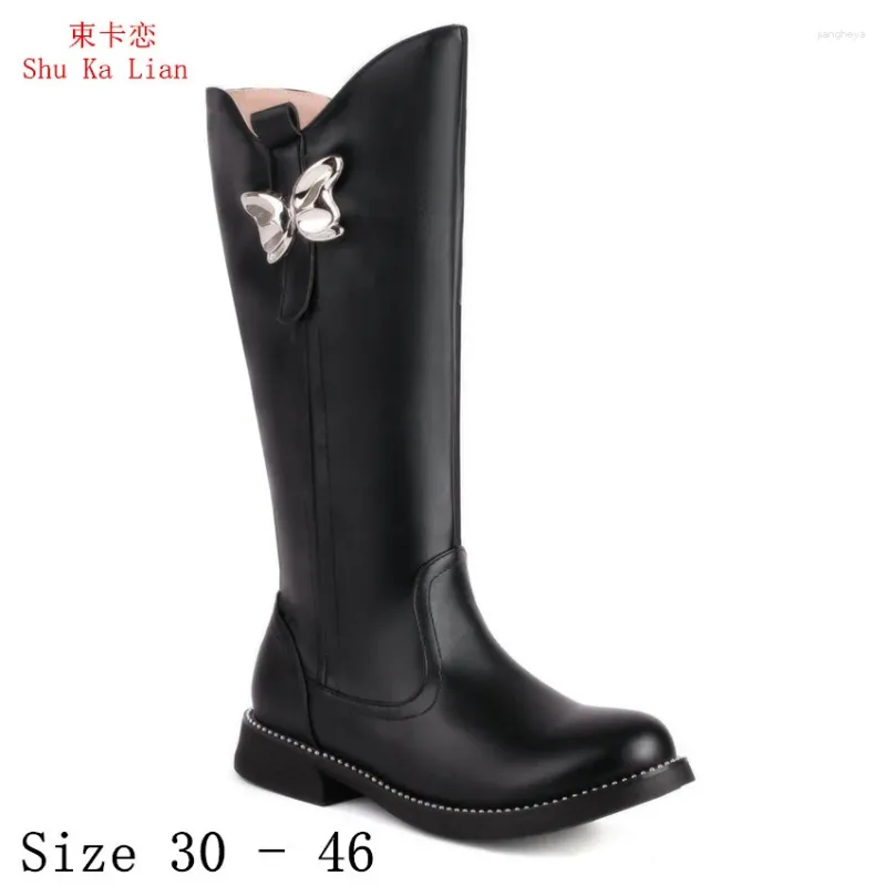 Bottes printemps automne femmes genoues high 2,5 cm chaussures de talon bas cuisses femme petite taille plus 30 - 46