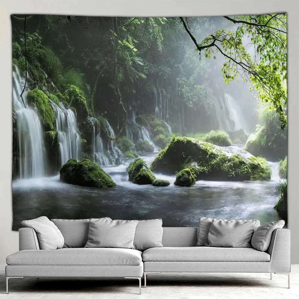 Tapestries Outdoor Garden Poster Forest Waterfall Landscape Tapestry Tropical Plants Landscape Home Patio Wall Hanging Art Decor Mural