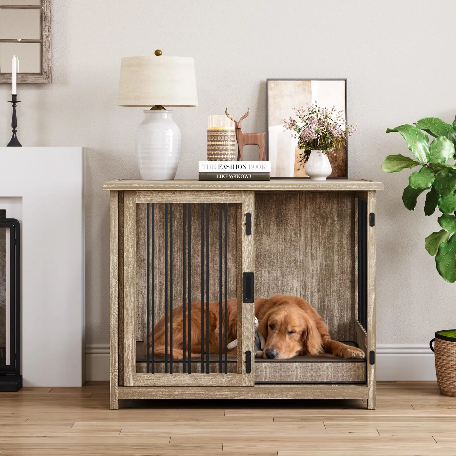 Solid Wood Dog Crate Furniture with Cushion Large Breed Kennel