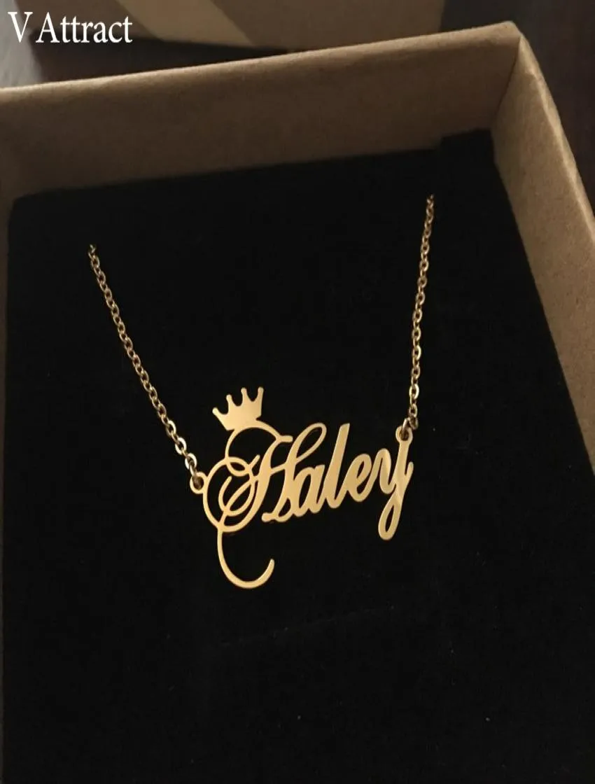 V Attract Friends Gift Personalized Name Necklace Women BFF Jewelry Custom Cursive Crown Choker Femme Rose Gold Collier V19103352005