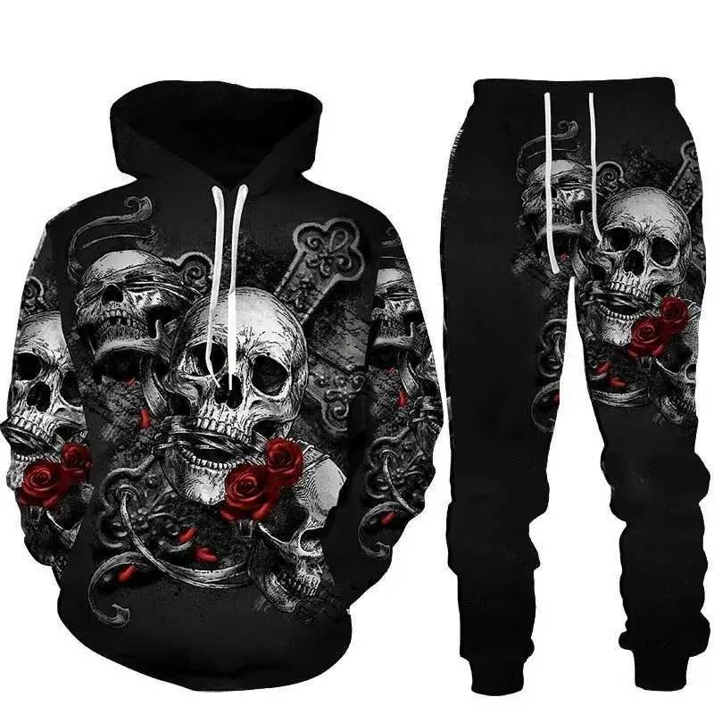 Heren Hoodies Sweatshirts 2023 Nieuwe heren sweatshirt hoodie set met grafische schedel 2-delige geprinte casual sweatshirt hoodie 3D-geprinte schedels kleding 240425