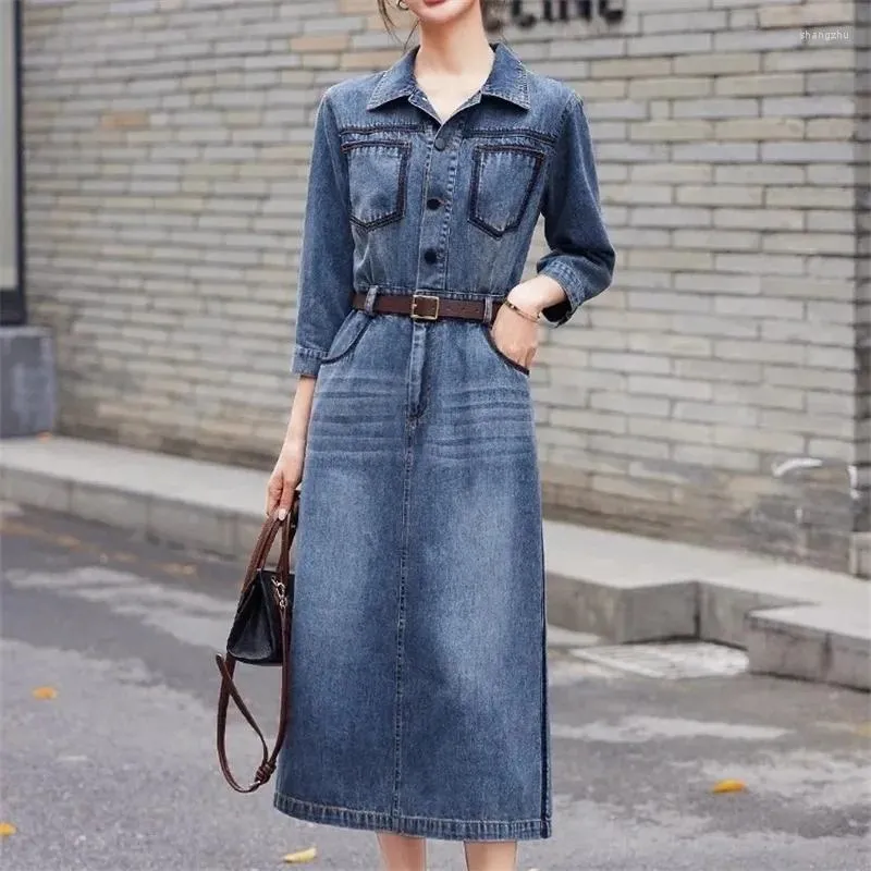 Abiti casual Fashion Streetwear Desid Desine Women Spring Autumn Retro Jeans Belt Slim Lady Long Summer Short-Sleed