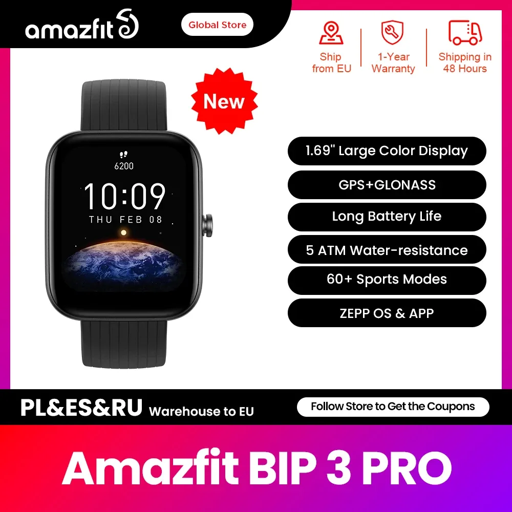 Relojes 2022 Nuevo producto Amazfit Bip 3 Pro Smartwatch 60+ Modos deportivos de 5 cajeros automáticos GPS GPS Smart Watch para Android iOS Teléfono