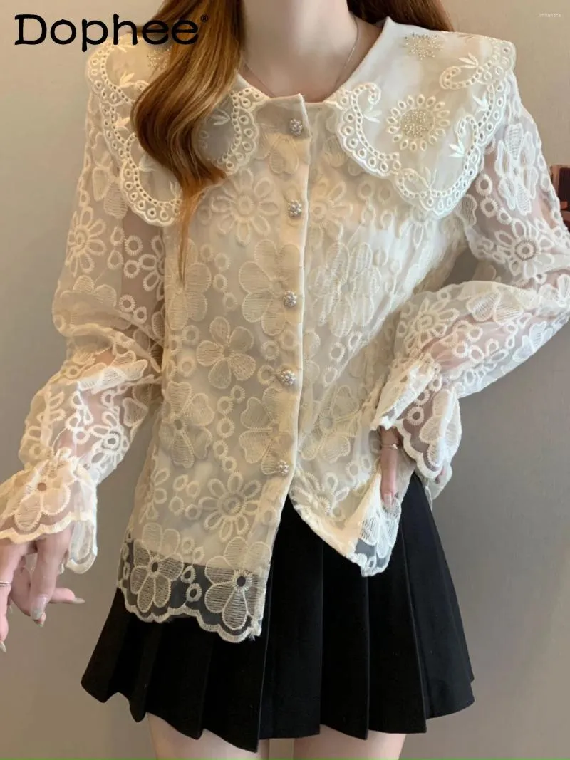 Blouses pour femmes Fashion Sweet Doll Collar Lace Shirt à manches longues Femme 2024 Spring coréen Blouse de poussière à secteur unique Top Femme