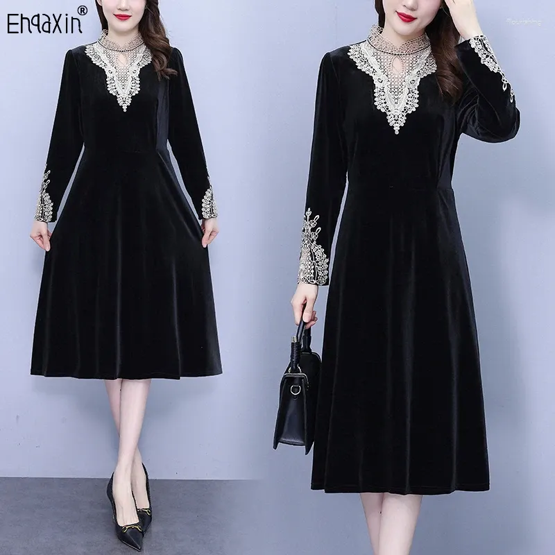 Vestidos casuais ehqaxin 2024 Autumn Winter Dress Fashion Fashion Fashion Korean Vintage Bordado elegante Pullover de veludo elegante L-5xl