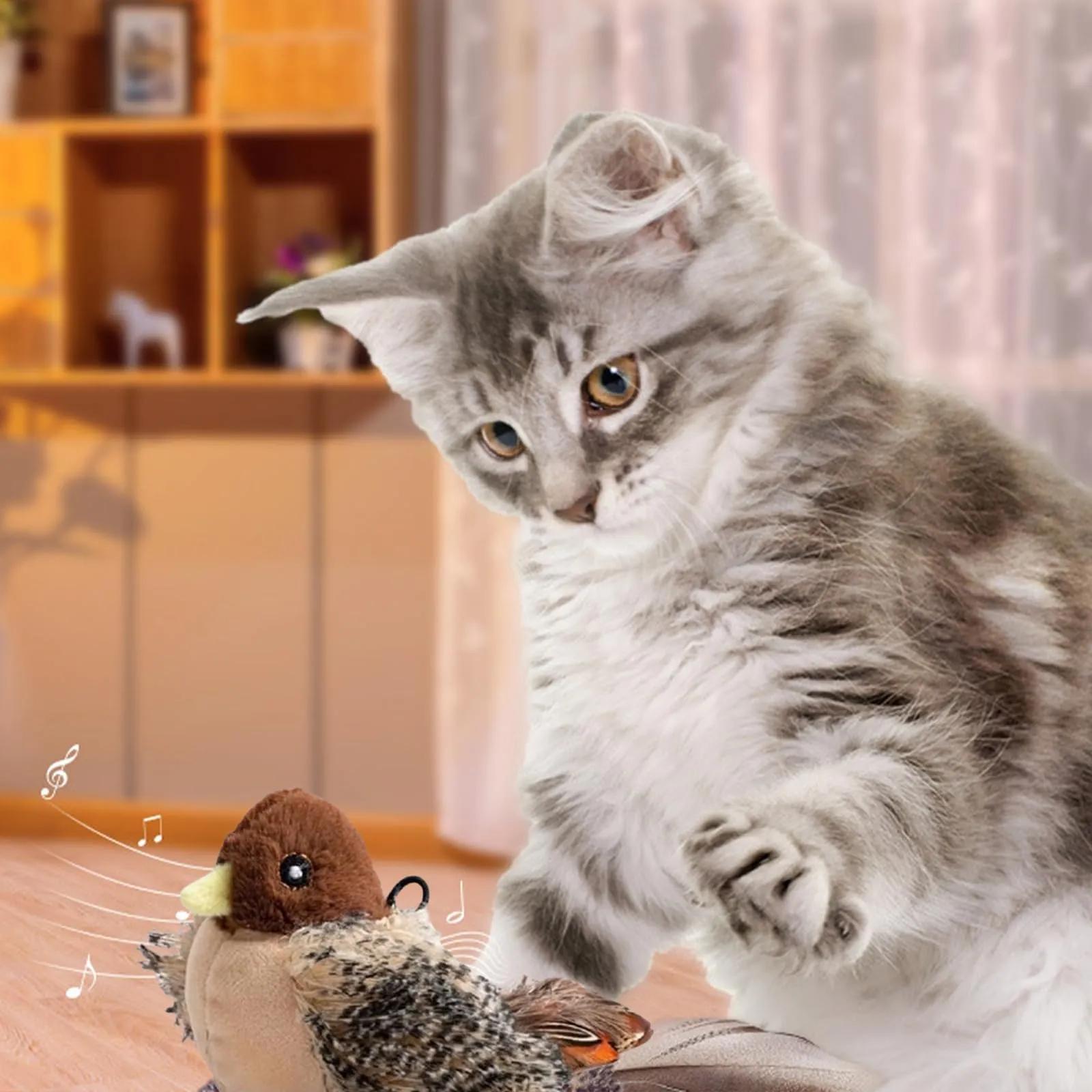 PETGEEK GiGwi Simulated Chirping Bird Cat Toy - Interactive Feather Toy With Melody For Indoor Cats