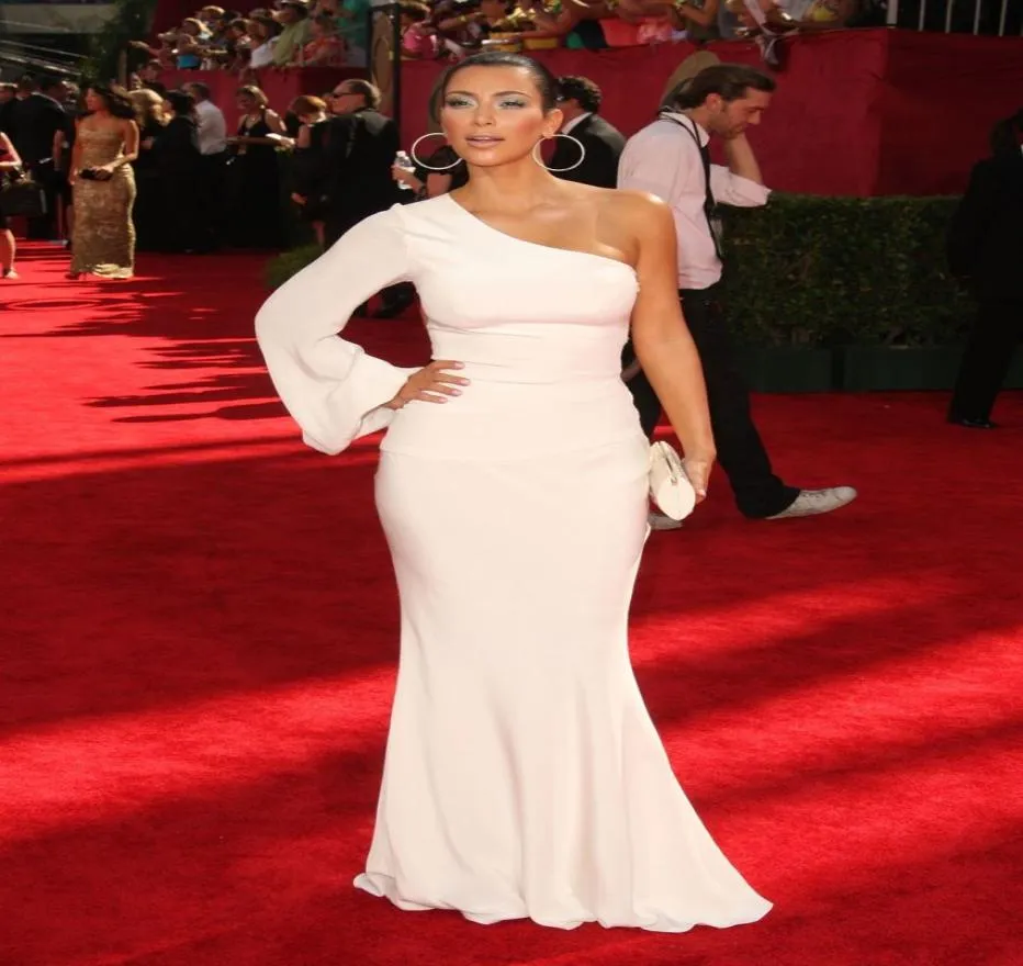 ZSD013 Kim Kardashian rode loperjurk witte mermai één schouder lange mouw avondjurk Emmy Awards Gossip Girl4905406