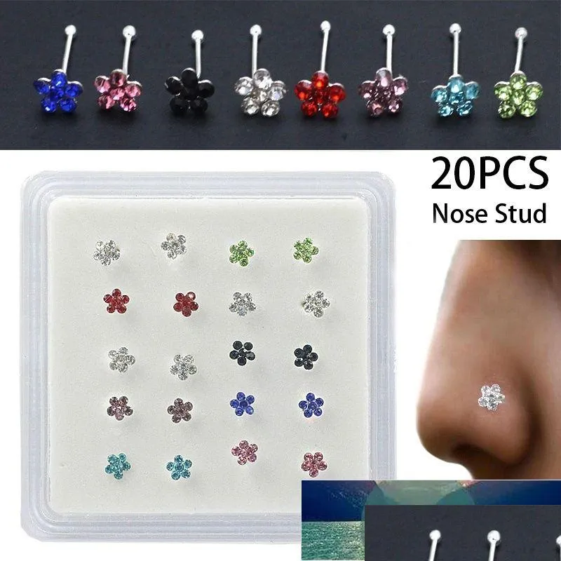 20pcs / boîte Corps nez perçage de bijoux de bijoux poteaux pour femmes colorés de fleur de cristal ongles en gros