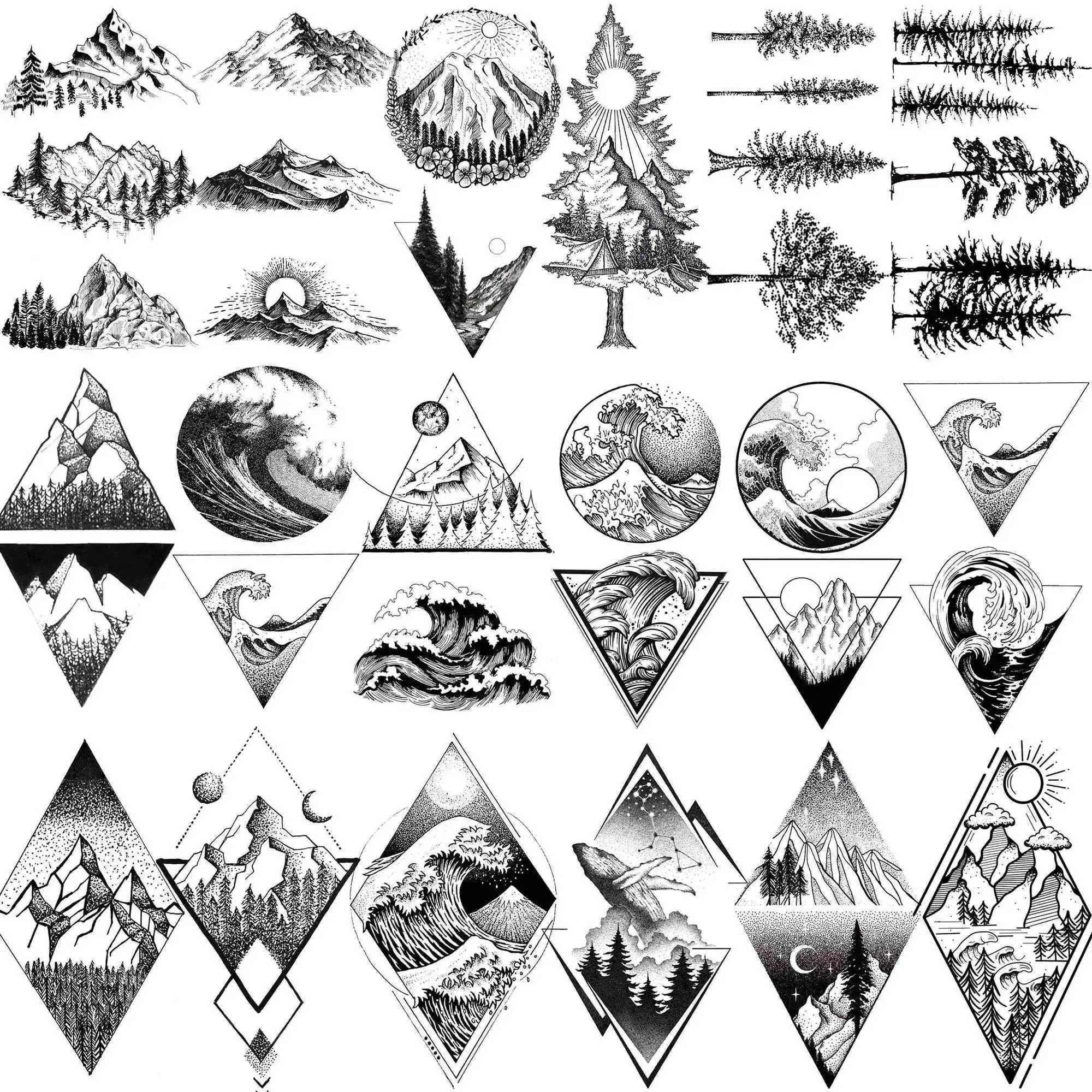 Transferência de tatuagem 18 folhas Geometry Mountain Tattoos temporários para homens adultos adultos ondas falsas Tattoo adesivo preto 3d pinheiro triangle Triângulo 240427