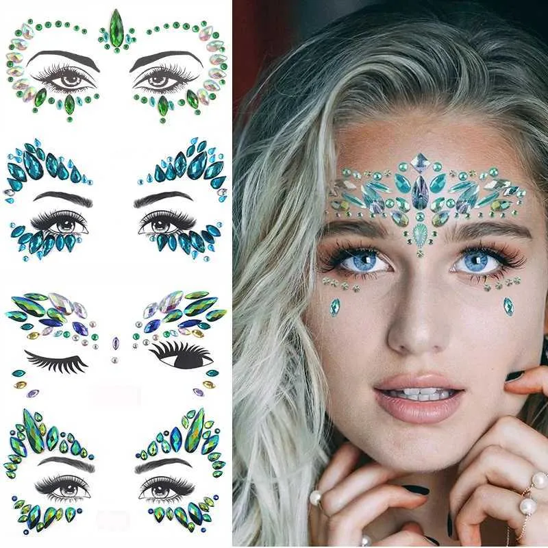 Tattoo Transfer Green Crystal Tattoo Sticker Sexy Face Glitter Rhinestone Temporary Tattoo Music Festival Party Shiny Eyes Body Jewelry Tattoos 240426