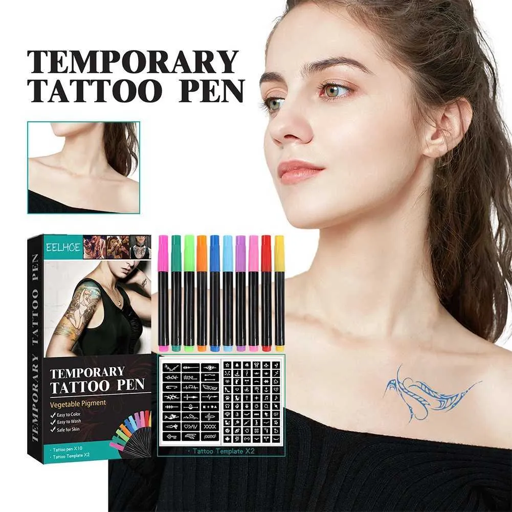 Tattoo Transfer Temporary Tattoo Pen with Tattoo Stencils Tattoo Set Skin Friendly 10-Count Pack of Assorted Colors Easy To Clean for Women Men 240427