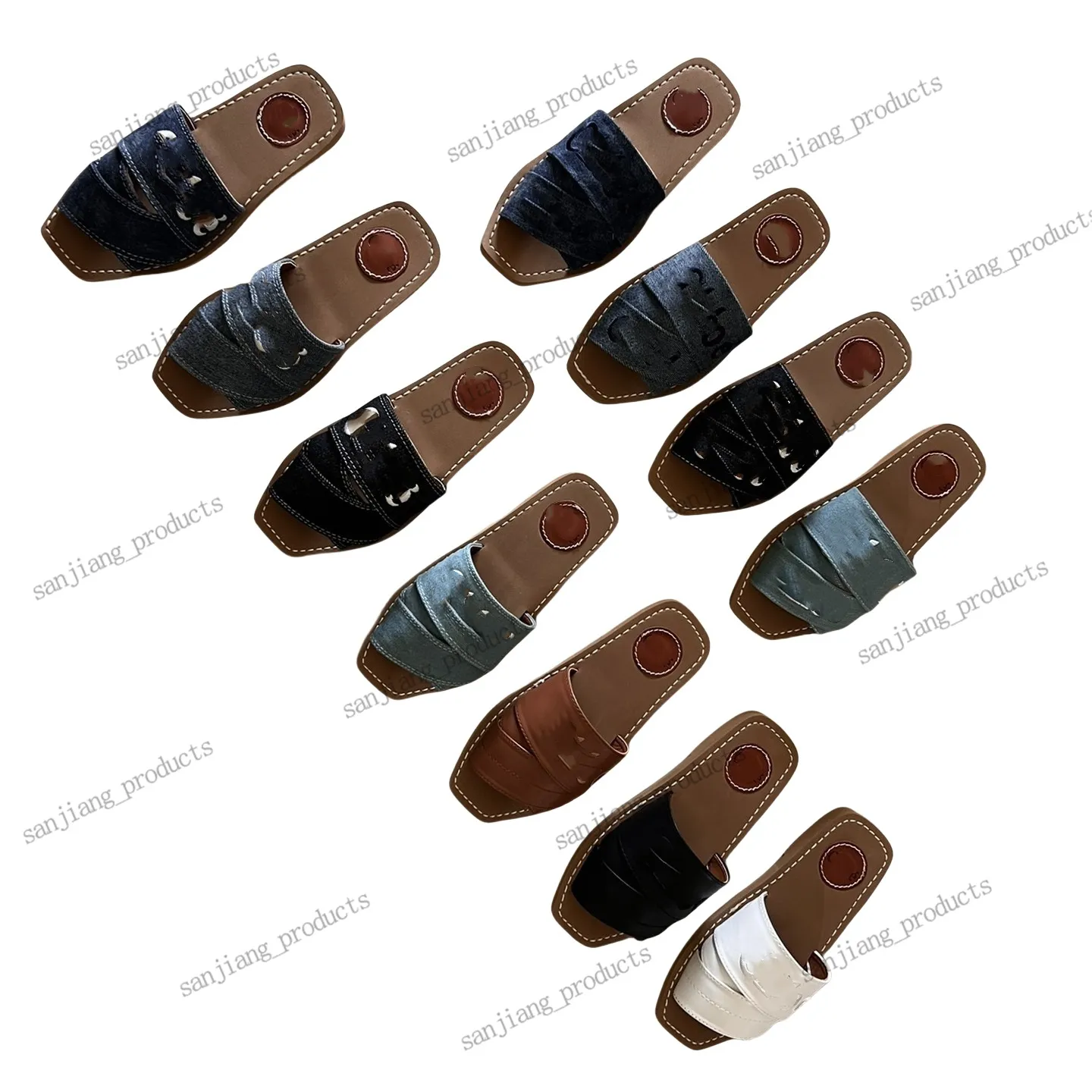 designer slippers Flat Mule Linen Denim Slipper Embroidered Calfskin Black sandale flip flop Mules Sandal Women summer beach shoes famous brand canvas Slide