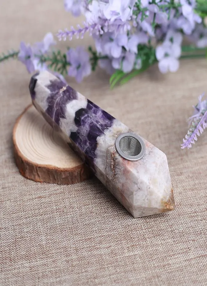 Pouch HJT Whole women modern custom smoking pipes natural Dream Amethyst CRYSTAL quartz Tobacco Pipes healing Hand Pipes3249723
