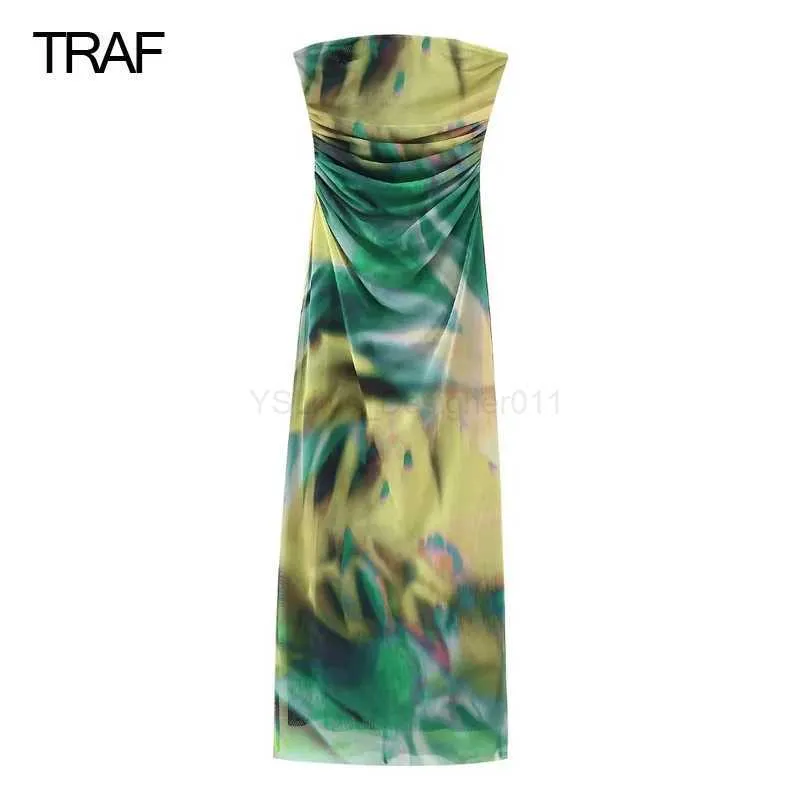 Abiti sexy urbani traf abito corsetto in maglia verde estate 2023 abiti da donna abiti da donna stampato senza schienale stampato midi scoscesa fuori spalla feta abito d240427