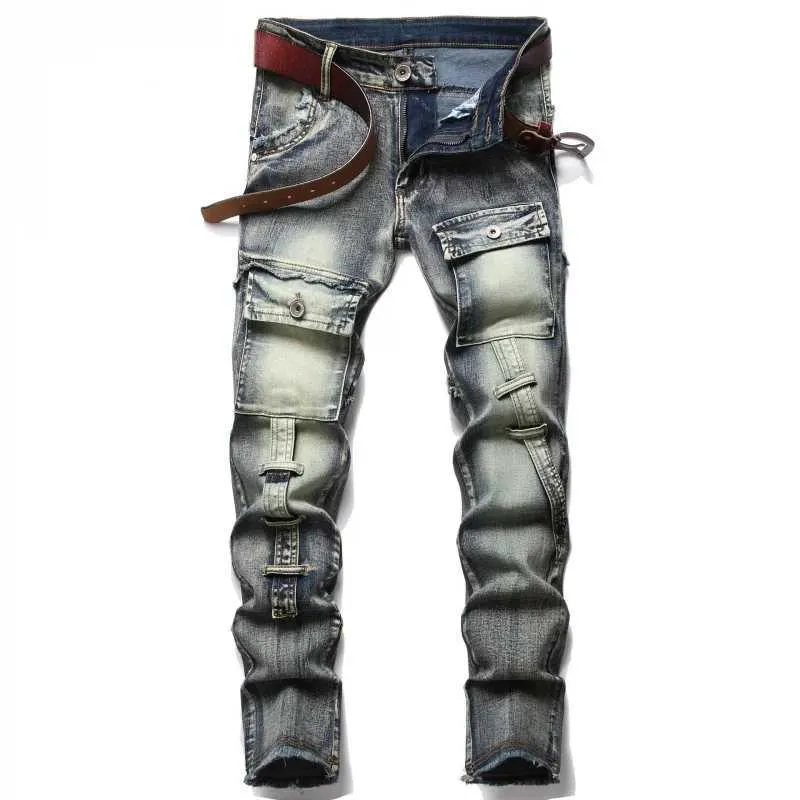 Men jeans nieuwe retro heren jeans met geperforeerde buizen slanke passende patches werken modieus gepersonaliseerd katoen casual Q240427