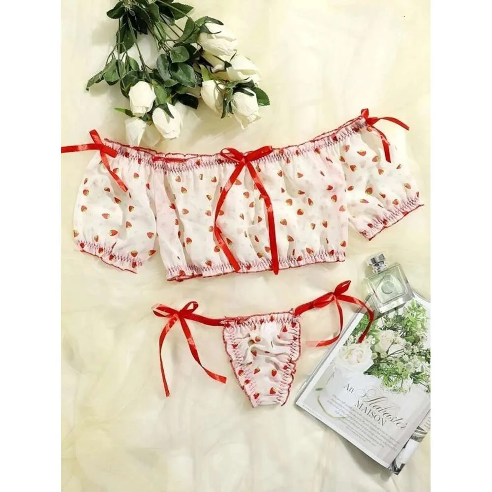 Fun Underwear Sexy Women's Red Ribbon Mesh Printing Perspective Underwear Set