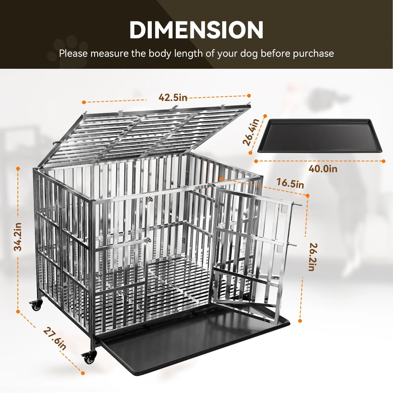 Dog Crate with Removable Tray, 42 Stainless Steel Kennel Cage for