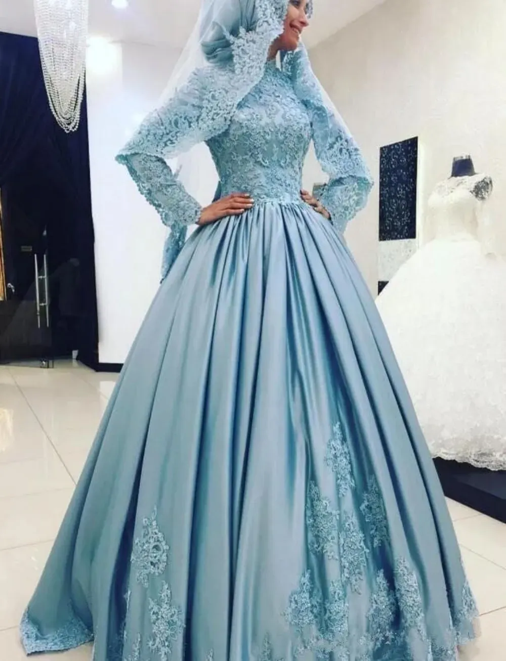 Elegant Sky Blue Satin Wedding Gown with Lace Appliques and Hijab for Women