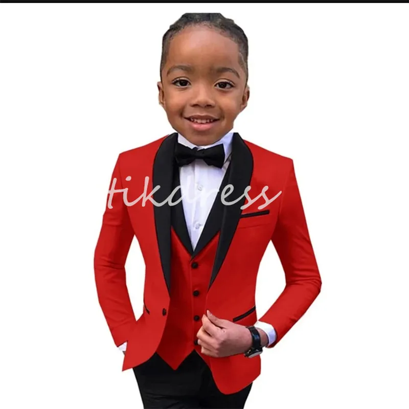 Slim Fit Red Boy's Suit Set 3 Pieces Wedding Tuxedos For Formal Occasion Blazer Vest And Pants Kids Outfit For Wedding Prom School Activities Custom Made Satin Suits