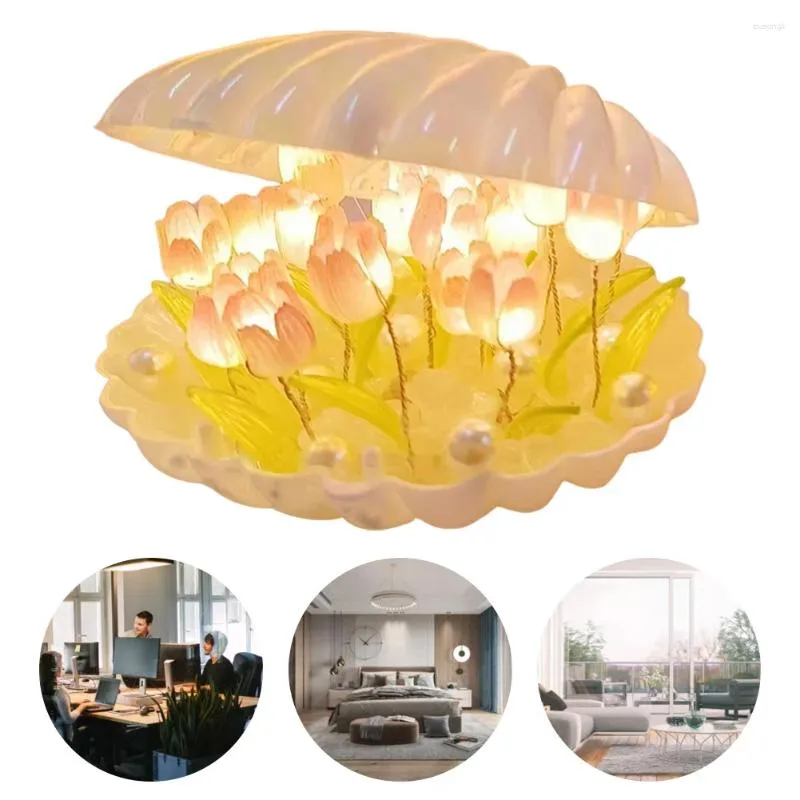 Night Lights Shell Tulip Atmosphere Battery Powered Simulation Light Desktop Ornaments Gift For Living Room Bedroom Office Decor