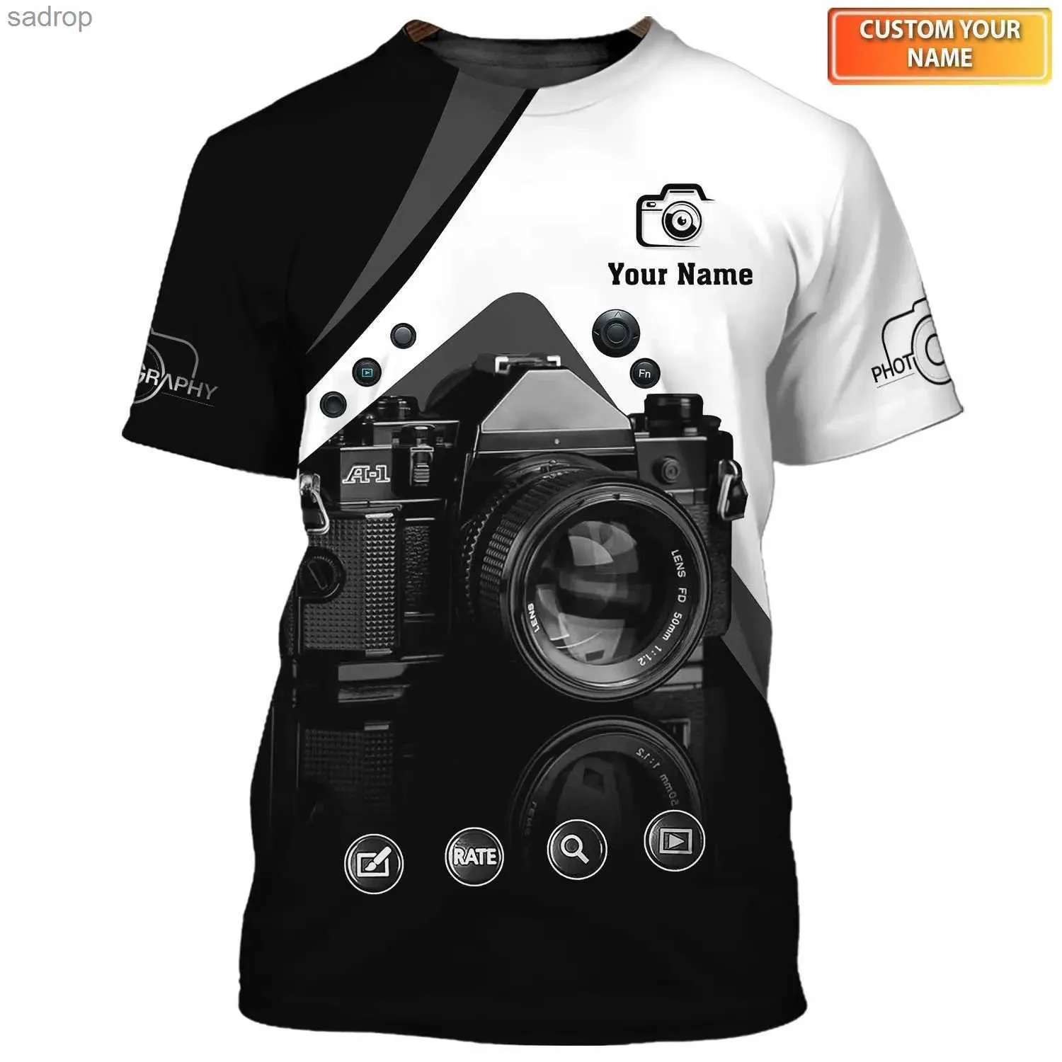 T-shirts voor heren modieuze nieuwe camerafotografie patroon heren bedrukte t-shirt straat harajuku o-neck aangepaste korte mouwxw