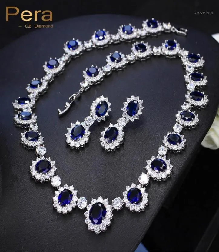 Pera CZ Big Round Cubic Zirconia Bridal Wedding Royal Blue Stone Necklace and Earrings Jewelry Sets for Brides J12618949819